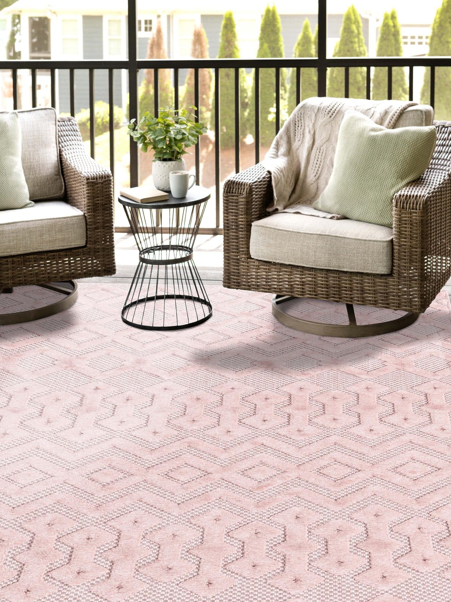 Pink 2' x 3' Outdoor Trellis Textured Rectangle Area Rug Weather Resistant for Patio, Deck, Terrace, Balcony, Porch Geometric Design Water Safe Outside Carpet for Sale at Rug Engine