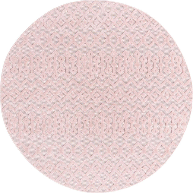 Pink 7' x 7' Outdoor Trellis Textured Round Area Rug Weather Resistant for Patio, Deck, Terrace, Balcony, Porch Geometric Design Water Safe Outside Carpet for Sale at Rug Engine