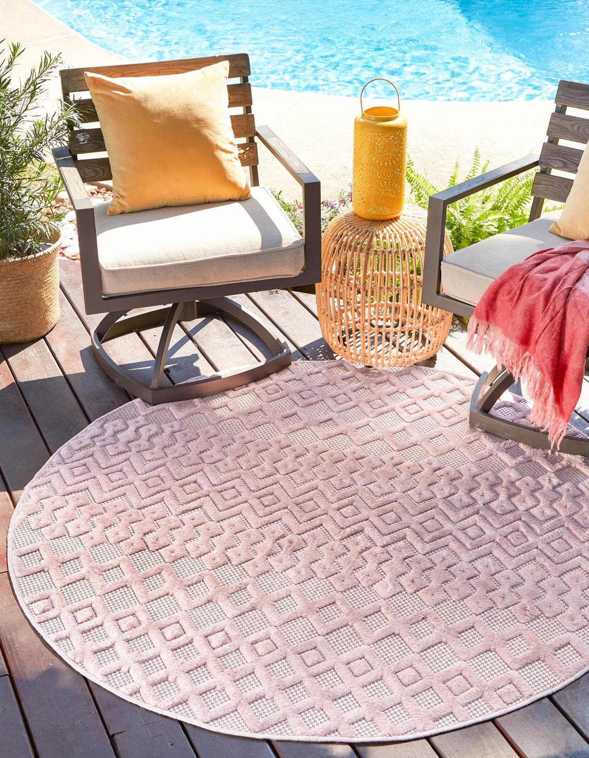 Pink 3' x 3' Outdoor Trellis Textured Round Area Rug Weather Resistant for Patio, Deck, Terrace, Balcony, Porch Geometric Design Water Safe Outside Carpet for Sale at Rug Engine