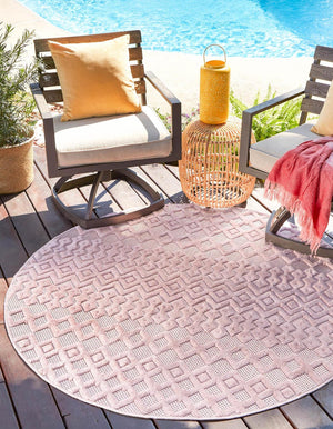 Pink 7' x 7' Outdoor Trellis Textured Round Area Rug Weather Resistant for Patio, Deck, Terrace, Balcony, Porch Geometric Design Water Safe Outside Carpet for Sale at Rug Engine