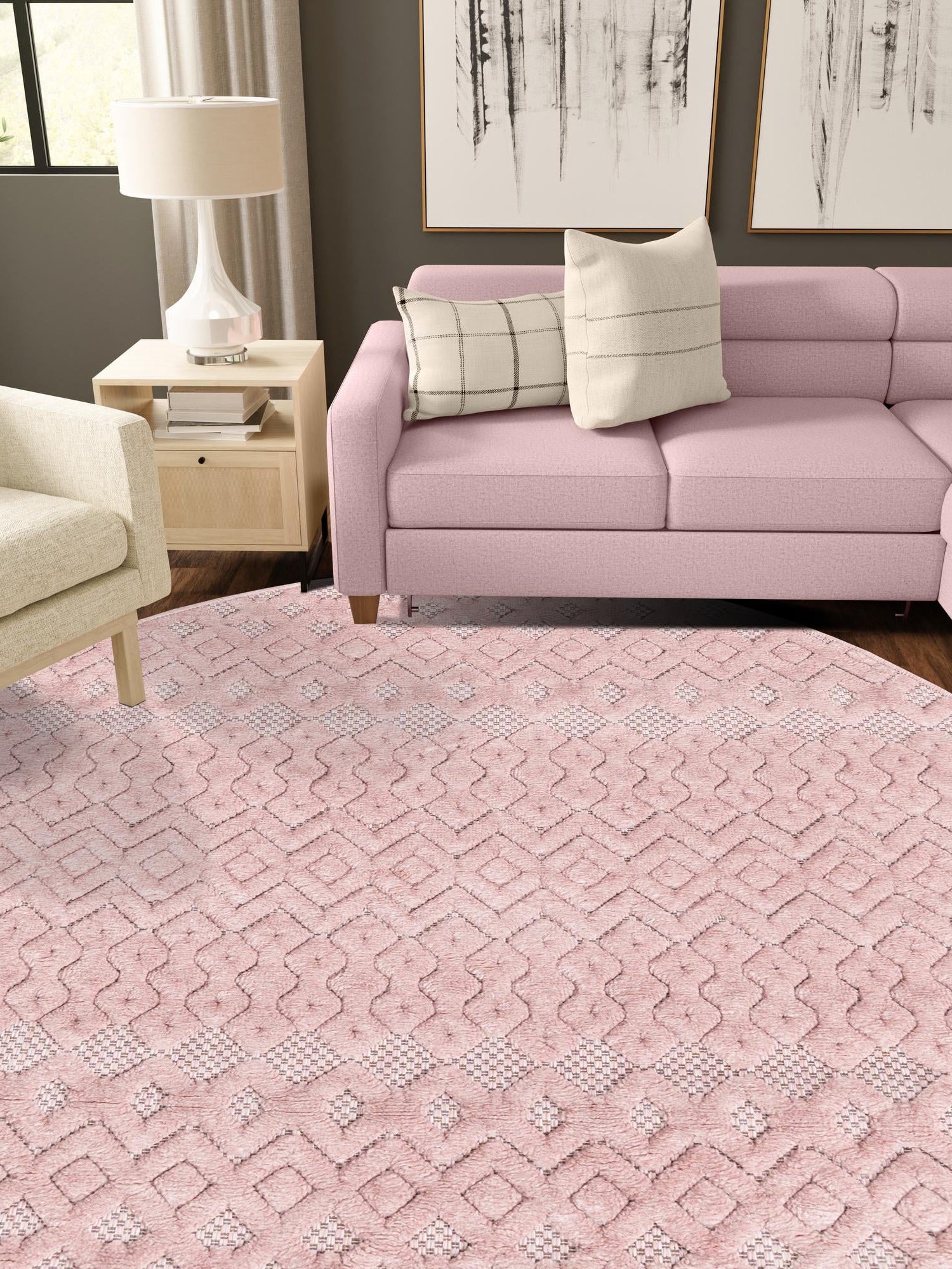 Pink 7' x 7' Outdoor Trellis Textured Round Area Rug Weather Resistant for Patio, Deck, Terrace, Balcony, Porch Geometric Design Water Safe Outside Carpet for Sale at Rug Engine