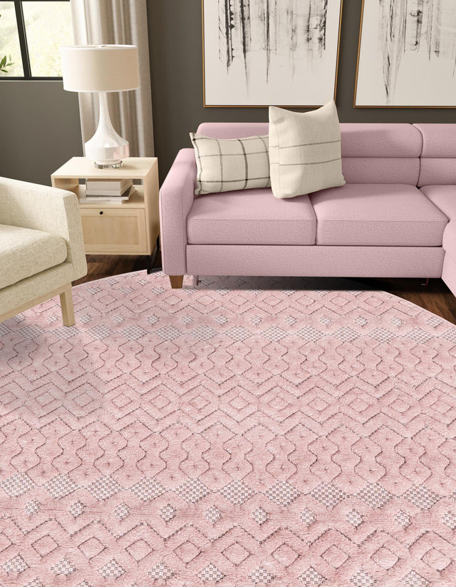 Pink 7' x 7' Outdoor Trellis Textured Round Area Rug Weather Resistant for Patio, Deck, Terrace, Balcony, Porch Geometric Design Water Safe Outside Carpet for Sale at Rug Engine