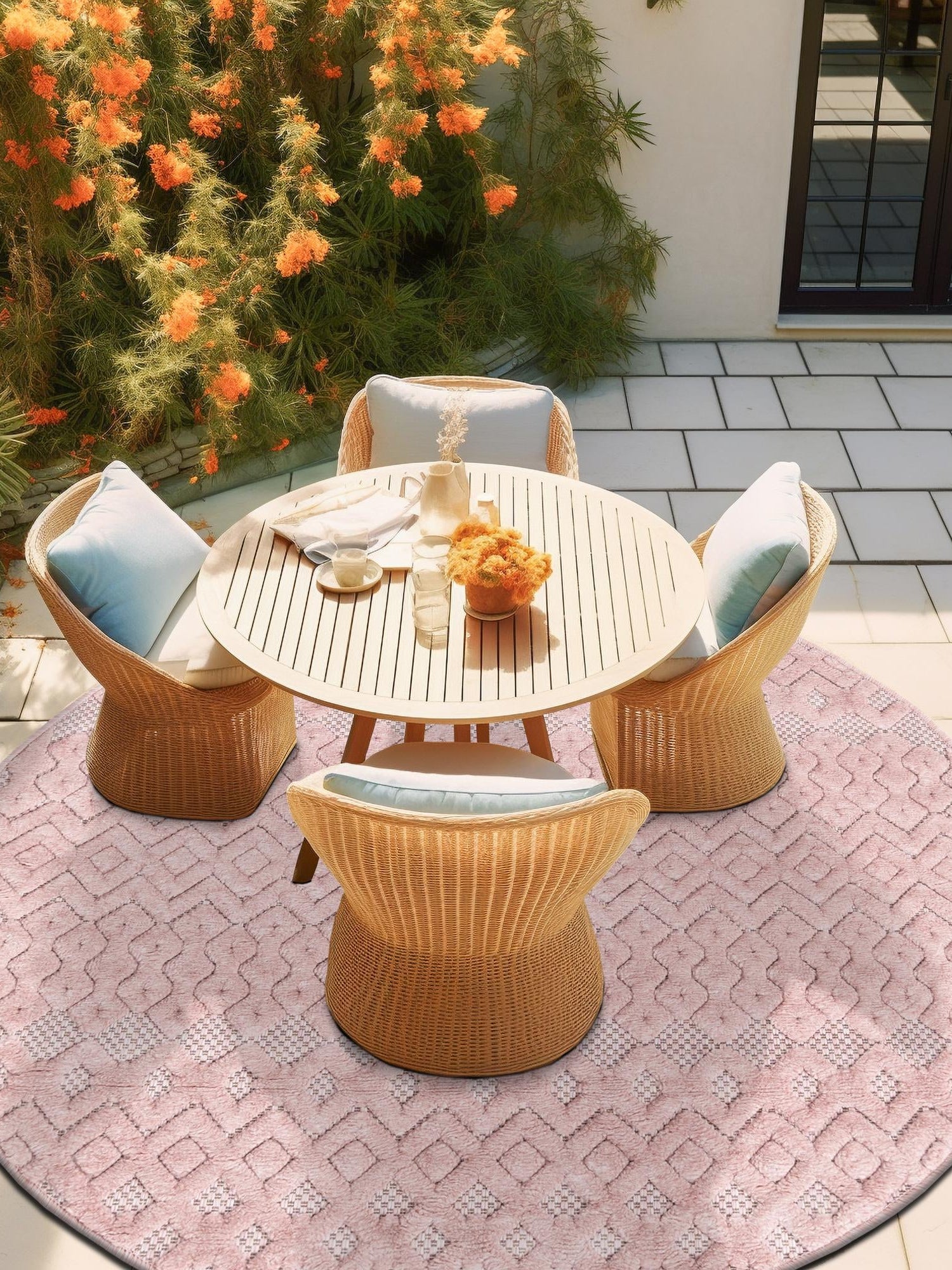 Pink 5' 3 x 5' 3 Outdoor Trellis Textured Round Area Rug Weather Resistant for Patio, Deck, Terrace, Balcony, Porch Geometric Design Water Safe Outside Carpet for Sale at Rug Engine