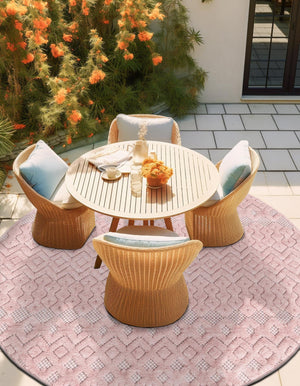 Pink 7' x 7' Outdoor Trellis Textured Round Area Rug Weather Resistant for Patio, Deck, Terrace, Balcony, Porch Geometric Design Water Safe Outside Carpet for Sale at Rug Engine