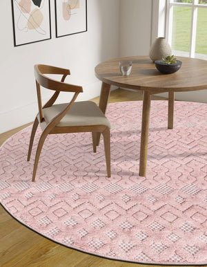 Pink 7' x 7' Outdoor Trellis Textured Round Area Rug Weather Resistant for Patio, Deck, Terrace, Balcony, Porch Geometric Design Water Safe Outside Carpet for Sale at Rug Engine