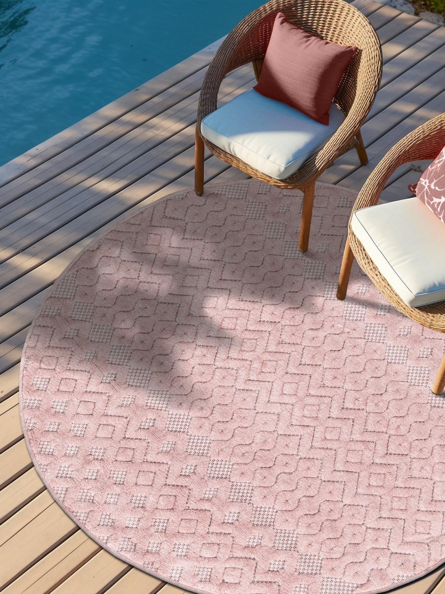Pink 7' x 7' Outdoor Trellis Textured Round Area Rug Weather Resistant for Patio, Deck, Terrace, Balcony, Porch Geometric Design Water Safe Outside Carpet for Sale at Rug Engine