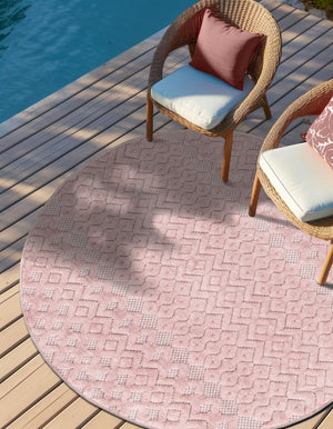 Pink 7' x 7' Outdoor Trellis Textured Round Area Rug Weather Resistant for Patio, Deck, Terrace, Balcony, Porch Geometric Design Water Safe Outside Carpet for Sale at Rug Engine