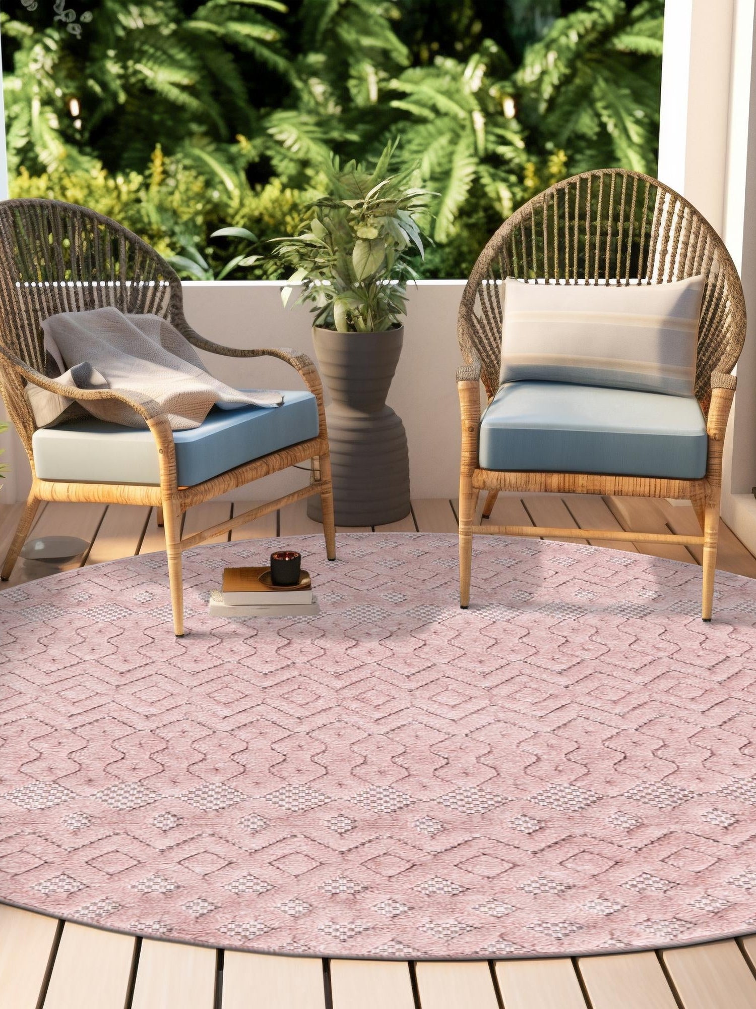 Pink 5' 3 x 5' 3 Outdoor Trellis Textured Round Area Rug Weather Resistant for Patio, Deck, Terrace, Balcony, Porch Geometric Design Water Safe Outside Carpet for Sale at Rug Engine