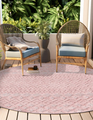 Pink 7' x 7' Outdoor Trellis Textured Round Area Rug Weather Resistant for Patio, Deck, Terrace, Balcony, Porch Geometric Design Water Safe Outside Carpet for Sale at Rug Engine