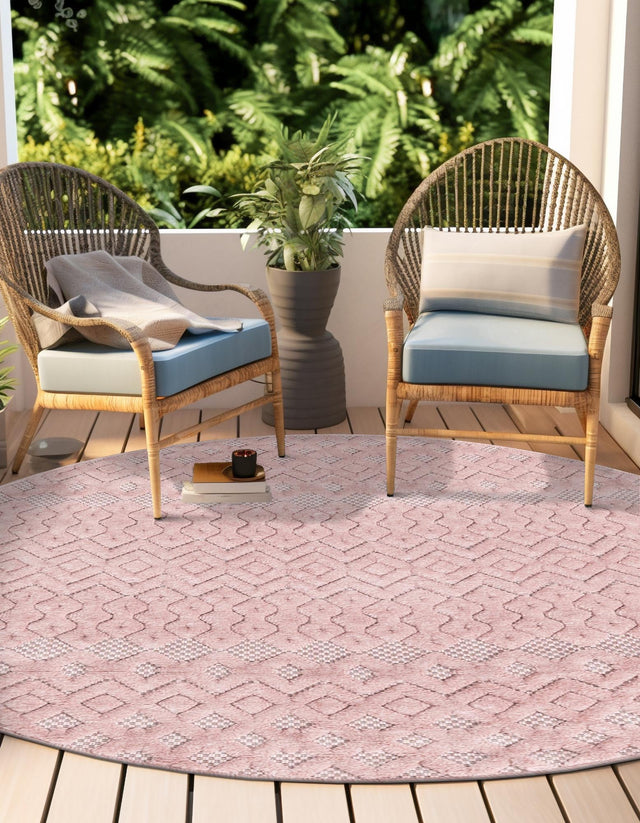 Pink 7' x 7' Outdoor Trellis Textured Round Area Rug Weather Resistant for Patio, Deck, Terrace, Balcony, Porch Geometric Design Water Safe Outside Carpet for Sale at Rug Engine