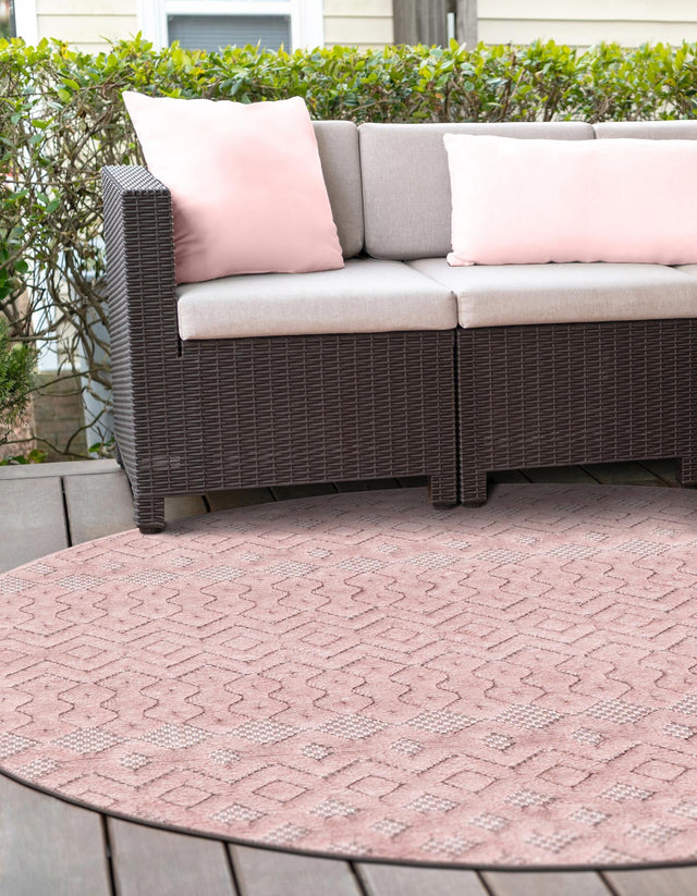Pink 5' 3 x 5' 3 Outdoor Trellis Textured Round Area Rug Weather Resistant for Patio, Deck, Terrace, Balcony, Porch Geometric Design Water Safe Outside Carpet for Sale at Rug Engine