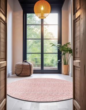 Pink 5' 3 x 5' 3 Outdoor Trellis Textured Round Area Rug Weather Resistant for Patio, Deck, Terrace, Balcony, Porch Geometric Design Water Safe Outside Carpet for Sale at Rug Engine