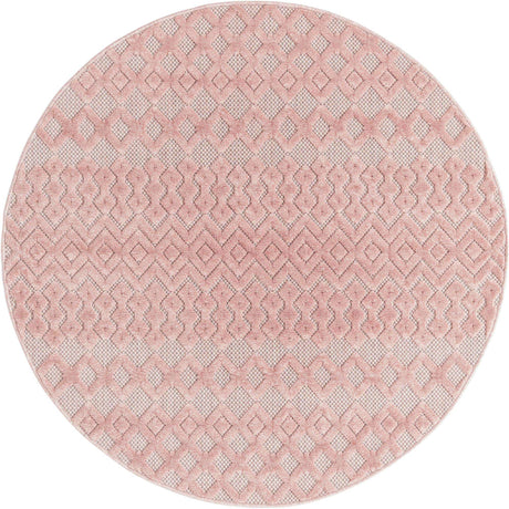 Pink 5' 3 x 5' 3 Outdoor Trellis Textured Round Area Rug Weather Resistant for Patio, Deck, Terrace, Balcony, Porch Geometric Design Water Safe Outside Carpet for Sale at Rug Engine