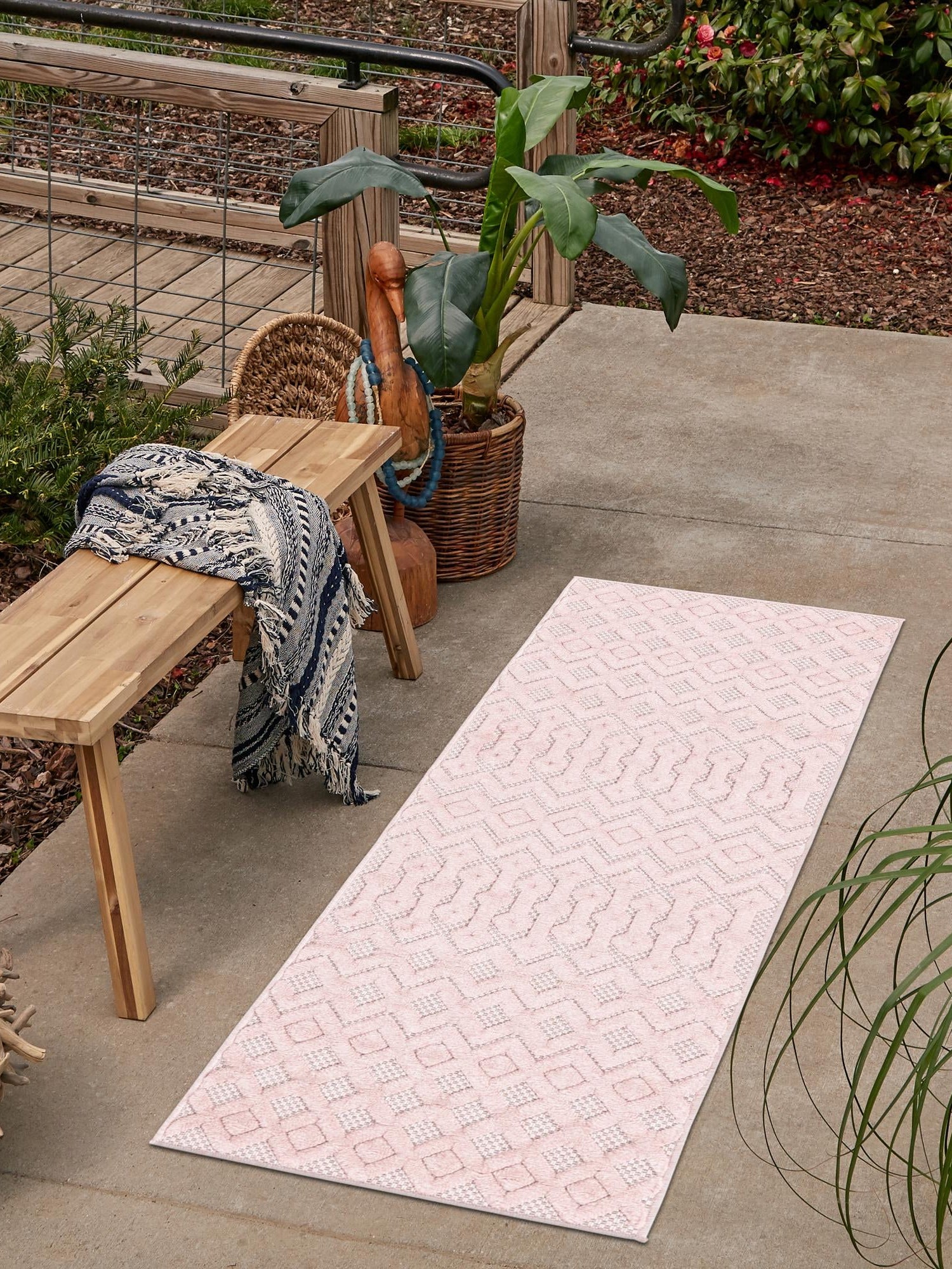 Pink 2' x 6' Outdoor Trellis Textured Runner Area Rug Weather Resistant for Patio, Deck, Terrace, Balcony, Porch Geometric Design Water Safe Outside Carpet for Sale at Rug Engine