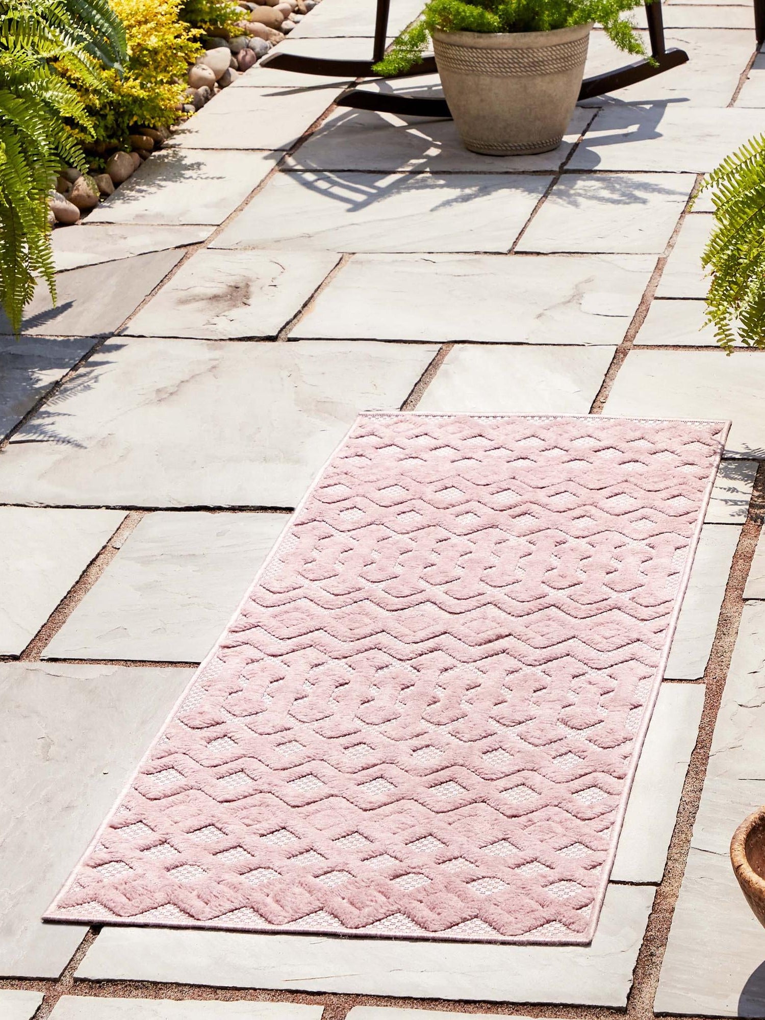 Pink 2' x 6' Outdoor Trellis Textured Runner Area Rug Weather Resistant for Patio, Deck, Terrace, Balcony, Porch Geometric Design Water Safe Outside Carpet for Sale at Rug Engine