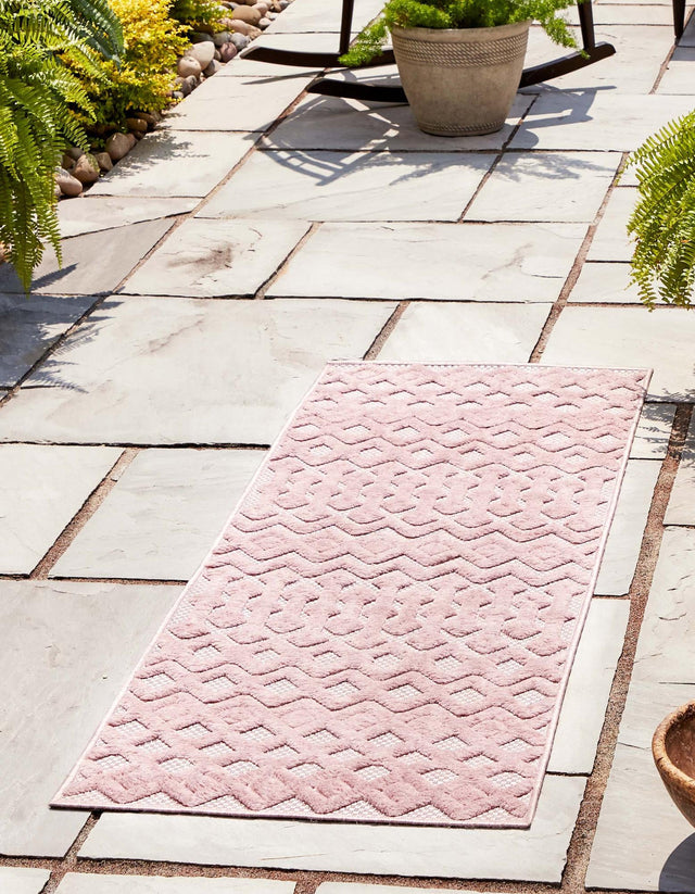 Pink 2' x 6' Outdoor Trellis Textured Runner Area Rug Weather Resistant for Patio, Deck, Terrace, Balcony, Porch Geometric Design Water Safe Outside Carpet for Sale at Rug Engine