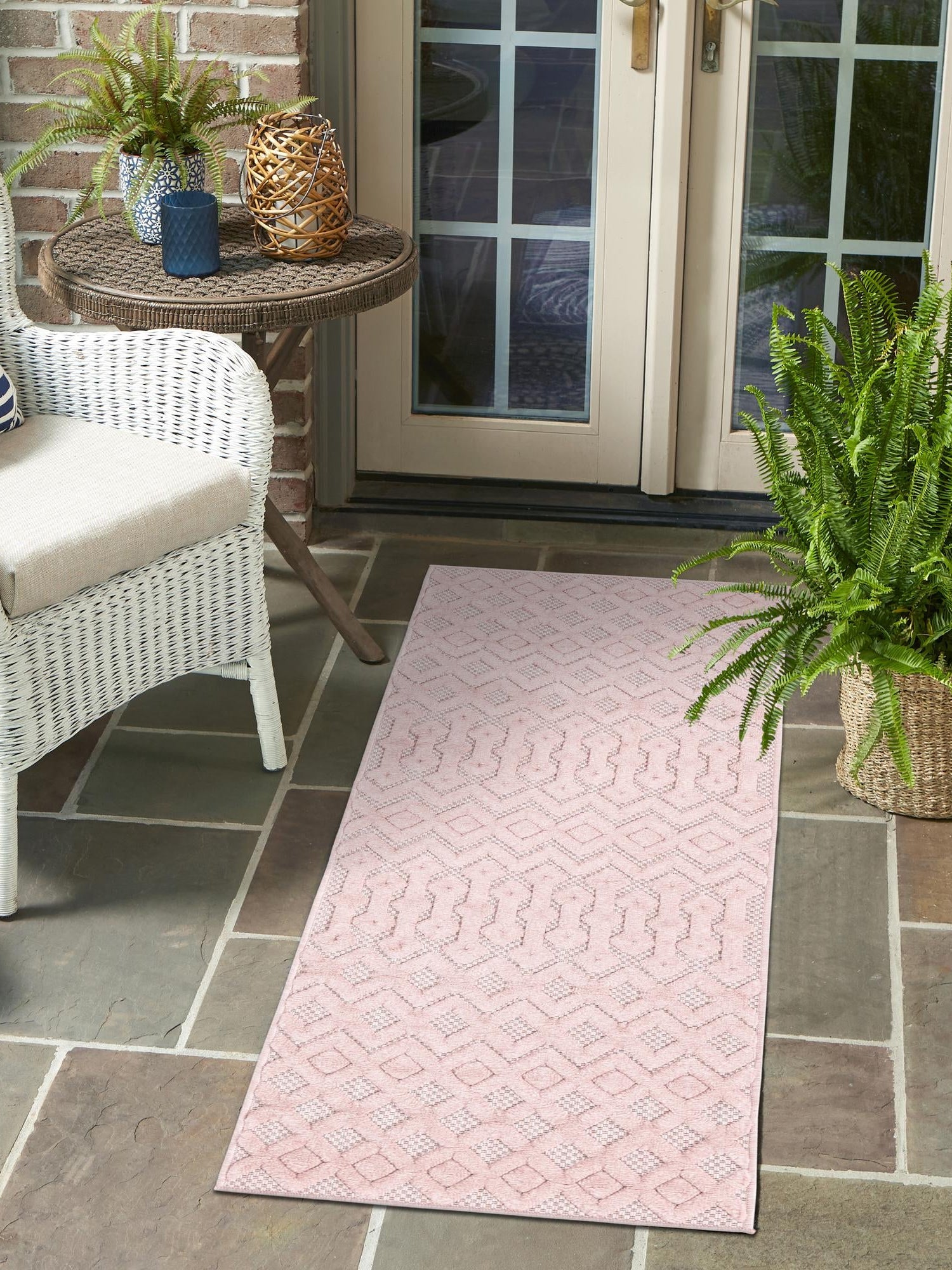 Pink 2' x 6' Outdoor Trellis Textured Runner Area Rug Weather Resistant for Patio, Deck, Terrace, Balcony, Porch Geometric Design Water Safe Outside Carpet for Sale at Rug Engine