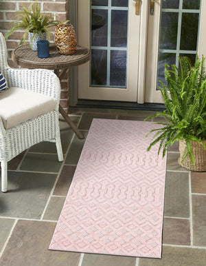 Pink 2' x 6' Outdoor Trellis Textured Runner Area Rug Weather Resistant for Patio, Deck, Terrace, Balcony, Porch Geometric Design Water Safe Outside Carpet for Sale at Rug Engine
