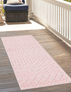 Pink 2' x 6' Outdoor Trellis Textured Runner Area Rug Weather Resistant for Patio, Deck, Terrace, Balcony, Porch Geometric Design Water Safe Outside Carpet for Sale at Rug Engine