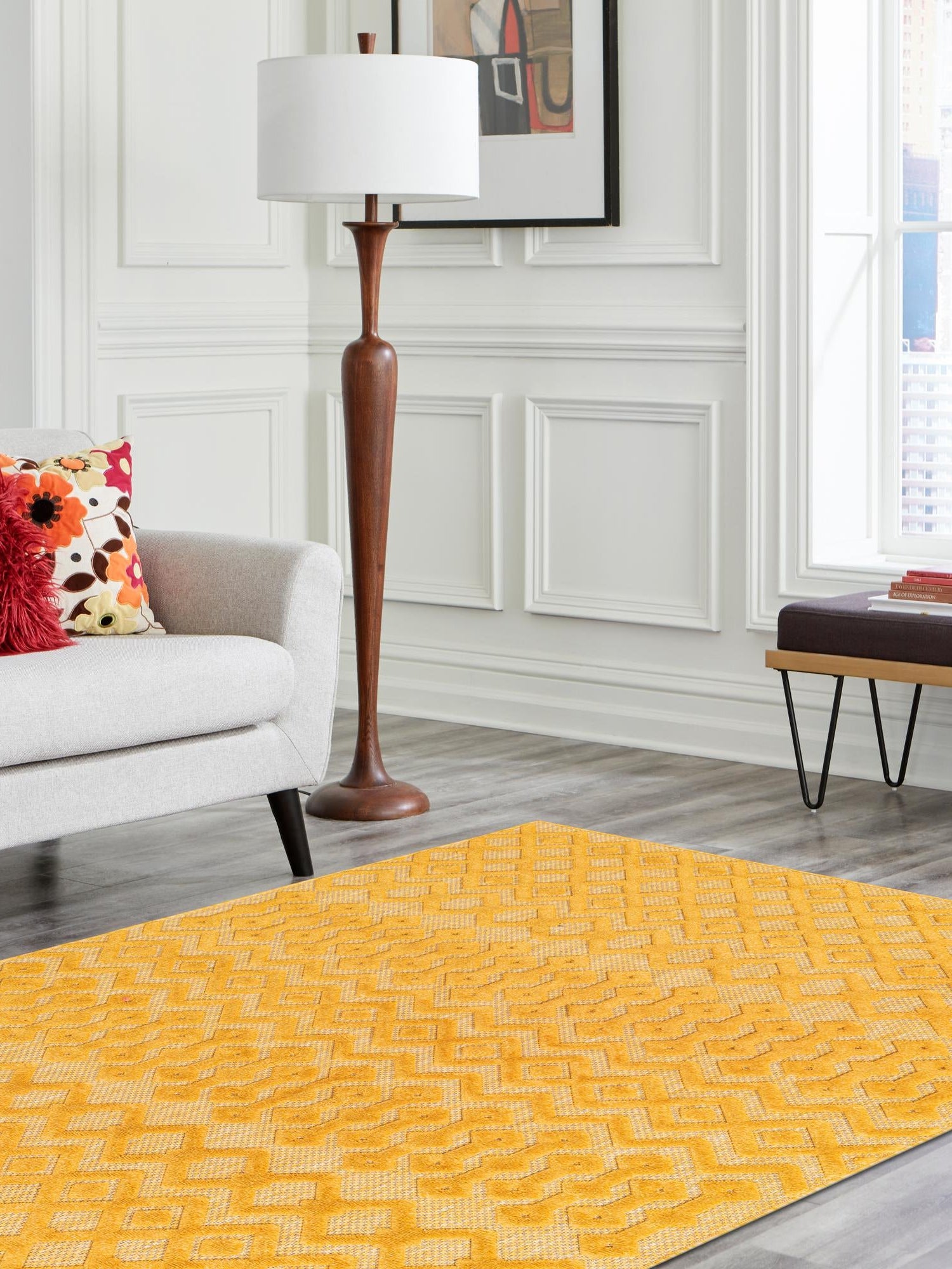 Yellow 6' x 9' Outdoor Trellis Textured Rectangle Area Rug Weather Resistant for Patio, Deck, Terrace, Balcony, Porch Geometric Design Water Safe Outside Carpet for Sale at Rug Engine
