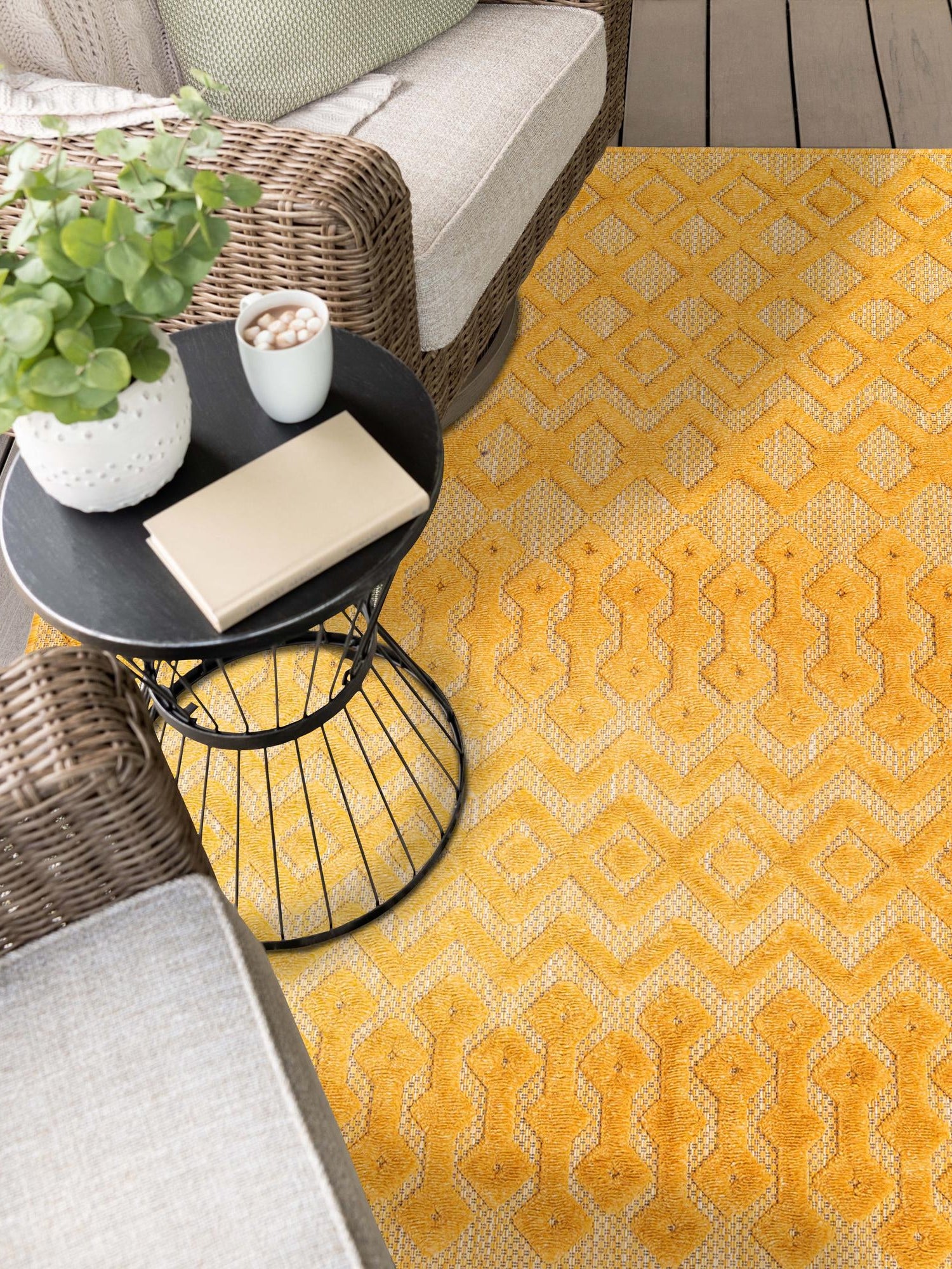 Yellow 5' 3 x 8' Outdoor Trellis Textured Rectangle Area Rug Weather Resistant for Patio, Deck, Terrace, Balcony, Porch Geometric Design Water Safe Outside Carpet for Sale at Rug Engine
