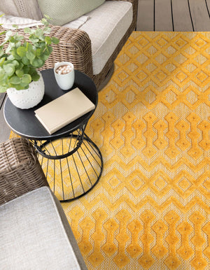Yellow 4' x 6' Outdoor Trellis Textured Rectangle Area Rug Weather Resistant for Patio, Deck, Terrace, Balcony, Porch Geometric Design Water Safe Outside Carpet for Sale at Rug Engine