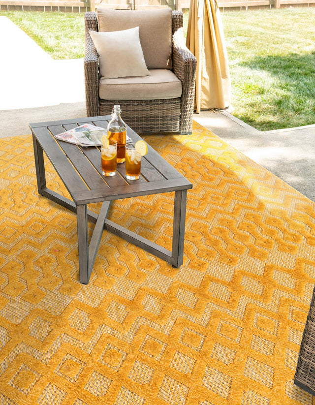 Yellow 4' x 6' Outdoor Trellis Textured Rectangle Area Rug Weather Resistant for Patio, Deck, Terrace, Balcony, Porch Geometric Design Water Safe Outside Carpet for Sale at Rug Engine