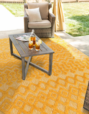 Yellow 9' x 12' Outdoor Trellis Textured Rectangle Area Rug Weather Resistant for Patio, Deck, Terrace, Balcony, Porch Geometric Design Water Safe Outside Carpet for Sale at Rug Engine