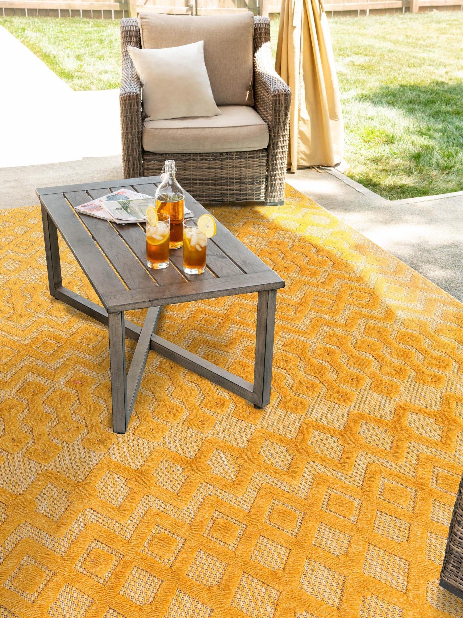 Yellow 5' 3 x 8' Outdoor Trellis Textured Rectangle Area Rug Weather Resistant for Patio, Deck, Terrace, Balcony, Porch Geometric Design Water Safe Outside Carpet for Sale at Rug Engine
