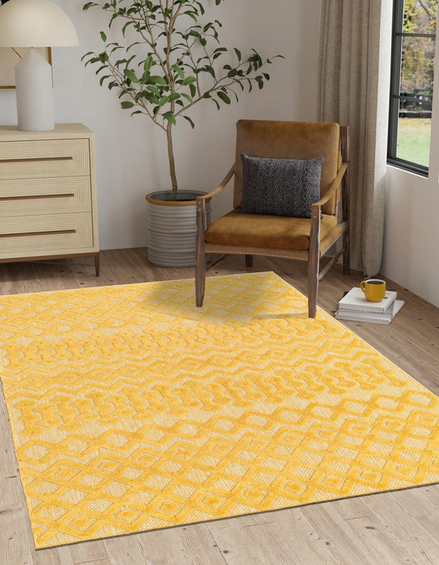 Yellow 4' x 6' Outdoor Trellis Textured Rectangle Area Rug Weather Resistant for Patio, Deck, Terrace, Balcony, Porch Geometric Design Water Safe Outside Carpet for Sale at Rug Engine