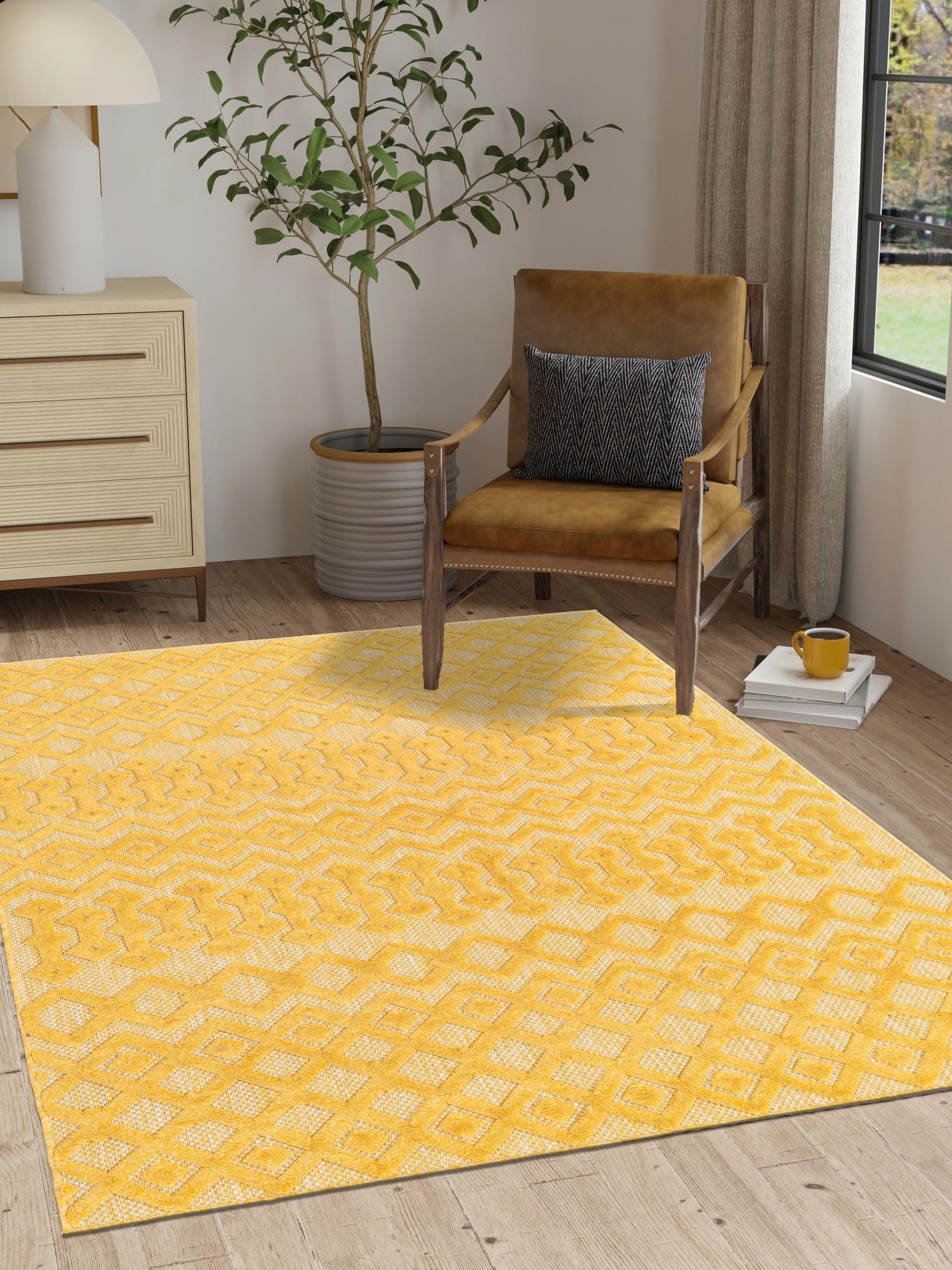 Yellow 9' x 12' Outdoor Trellis Textured Rectangle Area Rug Weather Resistant for Patio, Deck, Terrace, Balcony, Porch Geometric Design Water Safe Outside Carpet for Sale at Rug Engine