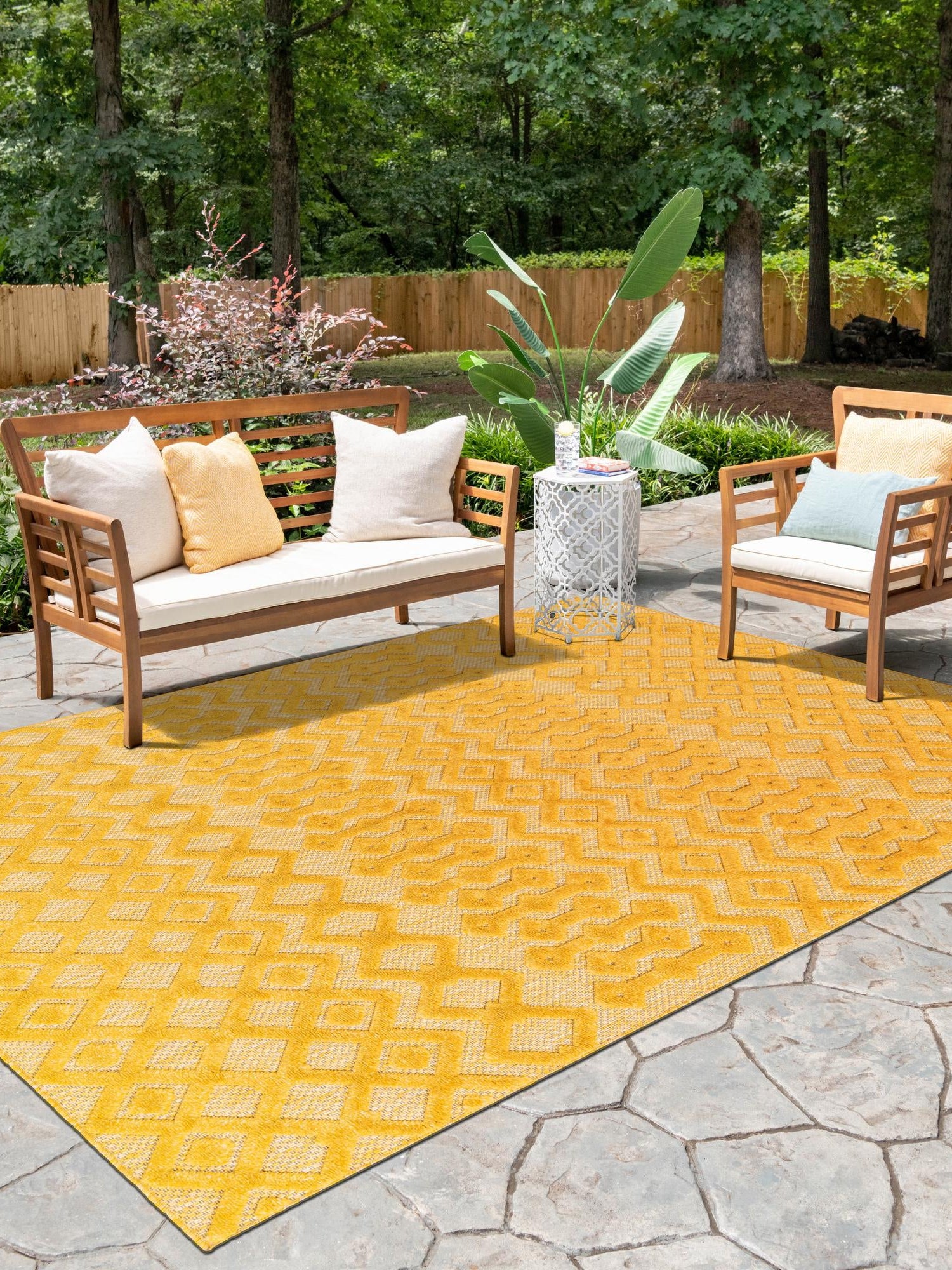 Yellow 9' x 12' Outdoor Trellis Textured Rectangle Area Rug Weather Resistant for Patio, Deck, Terrace, Balcony, Porch Geometric Design Water Safe Outside Carpet for Sale at Rug Engine
