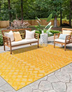 Yellow 7' 10 x 10' Outdoor Trellis Textured Rectangle Area Rug Weather Resistant for Patio, Deck, Terrace, Balcony, Porch Geometric Design Water Safe Outside Carpet for Sale at Rug Engine