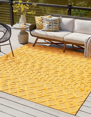 Yellow 7' 10 x 7' 10 Outdoor Trellis Textured Square Area Rug Weather Resistant for Patio, Deck, Terrace, Balcony, Porch Geometric Design Water Safe Outside Carpet for Sale at Rug Engine