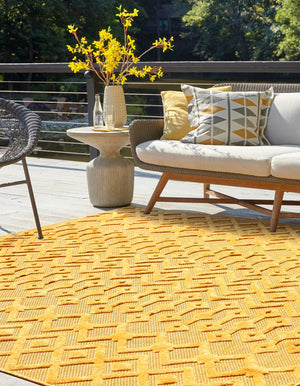 Yellow 7' 10 x 7' 10 Outdoor Trellis Textured Square Area Rug Weather Resistant for Patio, Deck, Terrace, Balcony, Porch Geometric Design Water Safe Outside Carpet for Sale at Rug Engine