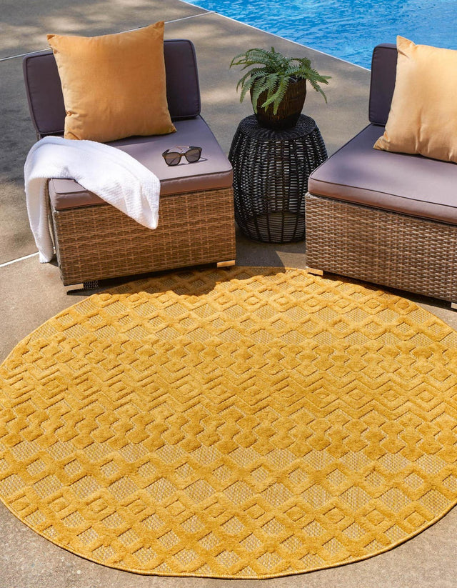 Yellow 7' x 7' Outdoor Trellis Textured Round Area Rug Weather Resistant for Patio, Deck, Terrace, Balcony, Porch Geometric Design Water Safe Outside Carpet for Sale at Rug Engine