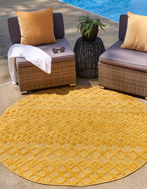Yellow 5' 3 x 5' 3 Outdoor Trellis Textured Round Area Rug Weather Resistant for Patio, Deck, Terrace, Balcony, Porch Geometric Design Water Safe Outside Carpet for Sale at Rug Engine