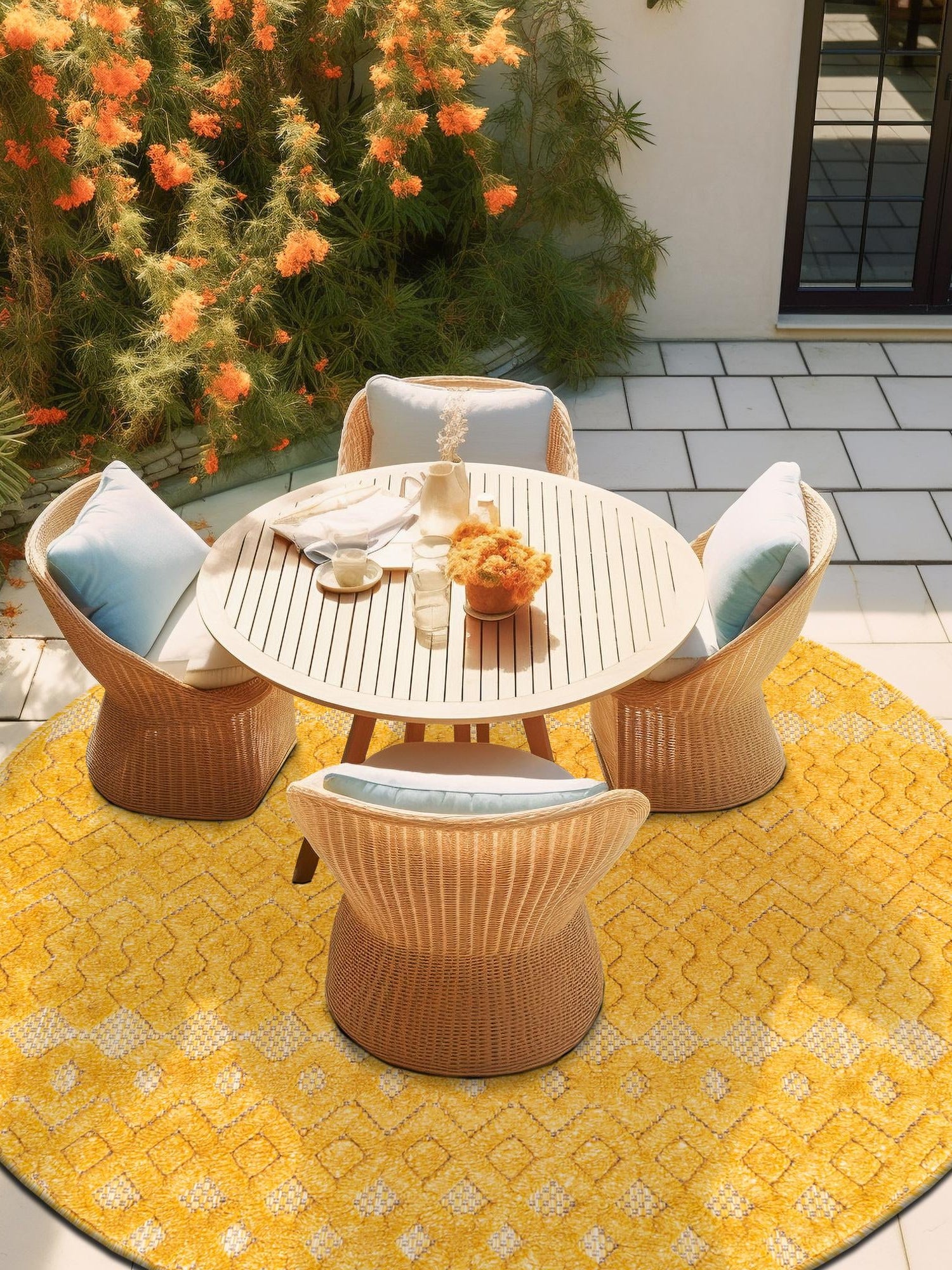 Yellow 7' x 7' Outdoor Trellis Textured Round Area Rug Weather Resistant for Patio, Deck, Terrace, Balcony, Porch Geometric Design Water Safe Outside Carpet for Sale at Rug Engine