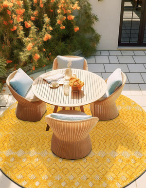 Yellow 7' x 7' Outdoor Trellis Textured Round Area Rug Weather Resistant for Patio, Deck, Terrace, Balcony, Porch Geometric Design Water Safe Outside Carpet for Sale at Rug Engine
