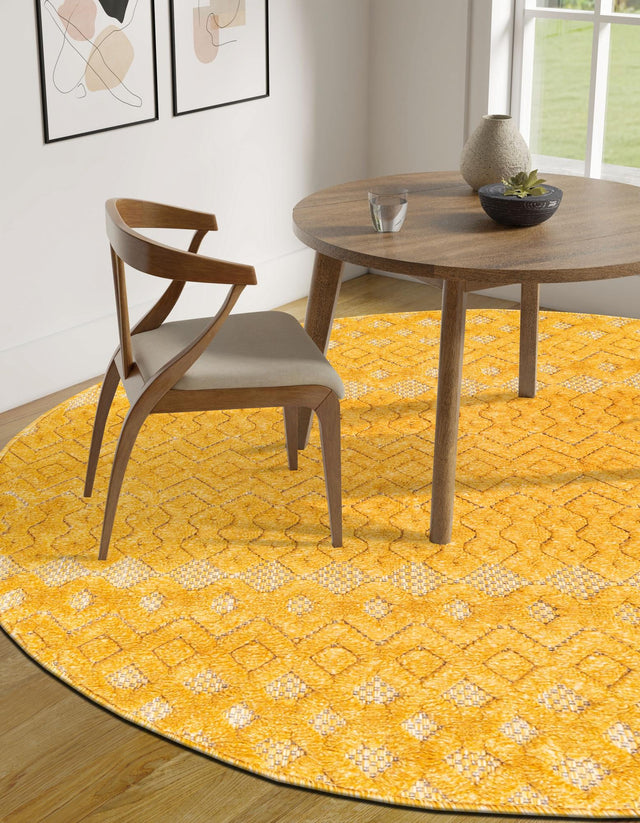 Yellow 5' 3 x 5' 3 Outdoor Trellis Textured Round Area Rug Weather Resistant for Patio, Deck, Terrace, Balcony, Porch Geometric Design Water Safe Outside Carpet for Sale at Rug Engine