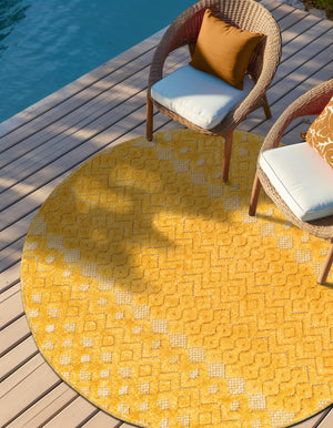 Yellow 5' 3 x 5' 3 Outdoor Trellis Textured Round Area Rug Weather Resistant for Patio, Deck, Terrace, Balcony, Porch Geometric Design Water Safe Outside Carpet for Sale at Rug Engine