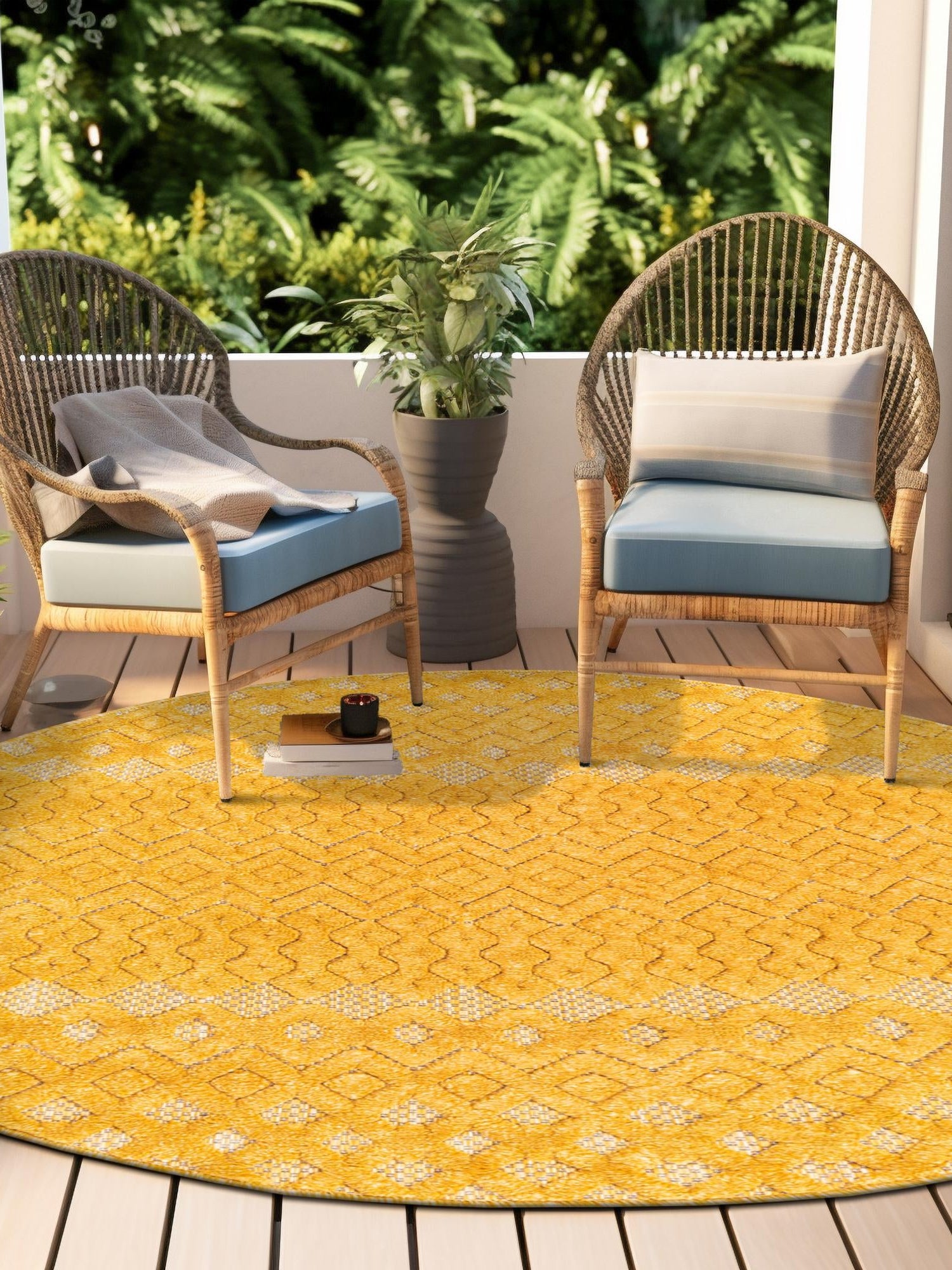 Yellow 7' x 7' Outdoor Trellis Textured Round Area Rug Weather Resistant for Patio, Deck, Terrace, Balcony, Porch Geometric Design Water Safe Outside Carpet for Sale at Rug Engine