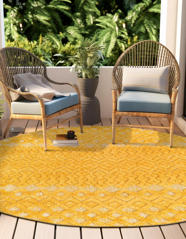 Yellow 7' x 7' Outdoor Trellis Textured Round Area Rug Weather Resistant for Patio, Deck, Terrace, Balcony, Porch Geometric Design Water Safe Outside Carpet for Sale at Rug Engine