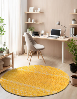Yellow 7' x 7' Outdoor Trellis Textured Round Area Rug Weather Resistant for Patio, Deck, Terrace, Balcony, Porch Geometric Design Water Safe Outside Carpet for Sale at Rug Engine