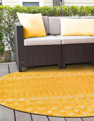 Yellow 7' x 7' Outdoor Trellis Textured Round Area Rug Weather Resistant for Patio, Deck, Terrace, Balcony, Porch Geometric Design Water Safe Outside Carpet for Sale at Rug Engine
