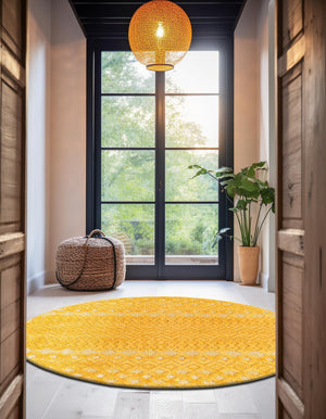 Yellow 7' x 7' Outdoor Trellis Textured Round Area Rug Weather Resistant for Patio, Deck, Terrace, Balcony, Porch Geometric Design Water Safe Outside Carpet for Sale at Rug Engine