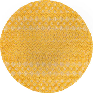 Yellow 5' 3 x 5' 3 Outdoor Trellis Textured Round Area Rug Weather Resistant for Patio, Deck, Terrace, Balcony, Porch Geometric Design Water Safe Outside Carpet for Sale at Rug Engine