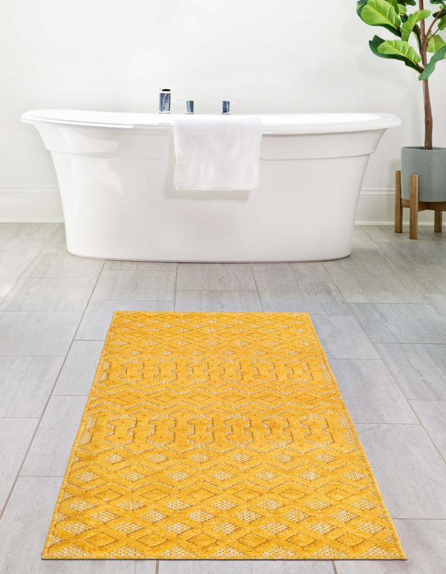 Yellow 2' x 6' Outdoor Trellis Textured Runner Area Rug Weather Resistant for Patio, Deck, Terrace, Balcony, Porch Geometric Design Water Safe Outside Carpet for Sale at Rug Engine