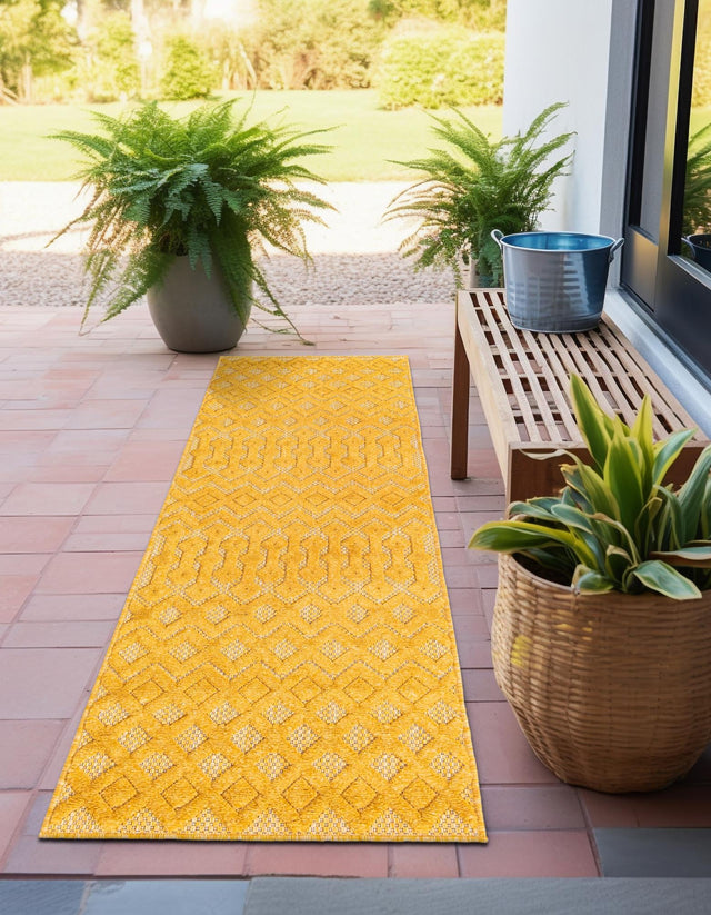Yellow 2' x 6' Outdoor Trellis Textured Runner Area Rug Weather Resistant for Patio, Deck, Terrace, Balcony, Porch Geometric Design Water Safe Outside Carpet for Sale at Rug Engine