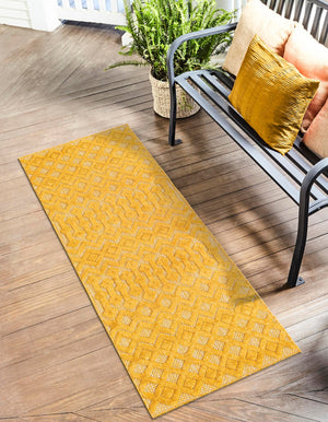 Yellow 2' x 6' Outdoor Trellis Textured Runner Area Rug Weather Resistant for Patio, Deck, Terrace, Balcony, Porch Geometric Design Water Safe Outside Carpet for Sale at Rug Engine